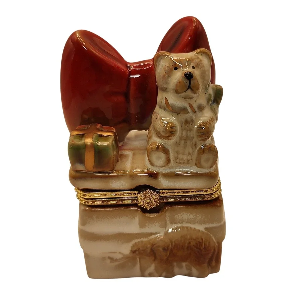 Vintage Porcelain‎ Trinket Box Hinged with Teddy Bear Elephant Red Bow Four Inch